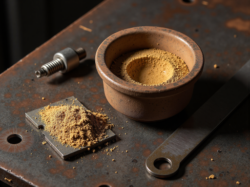 Fine agarwood powder in traditional ceramic container showing dark rich color and fine texture